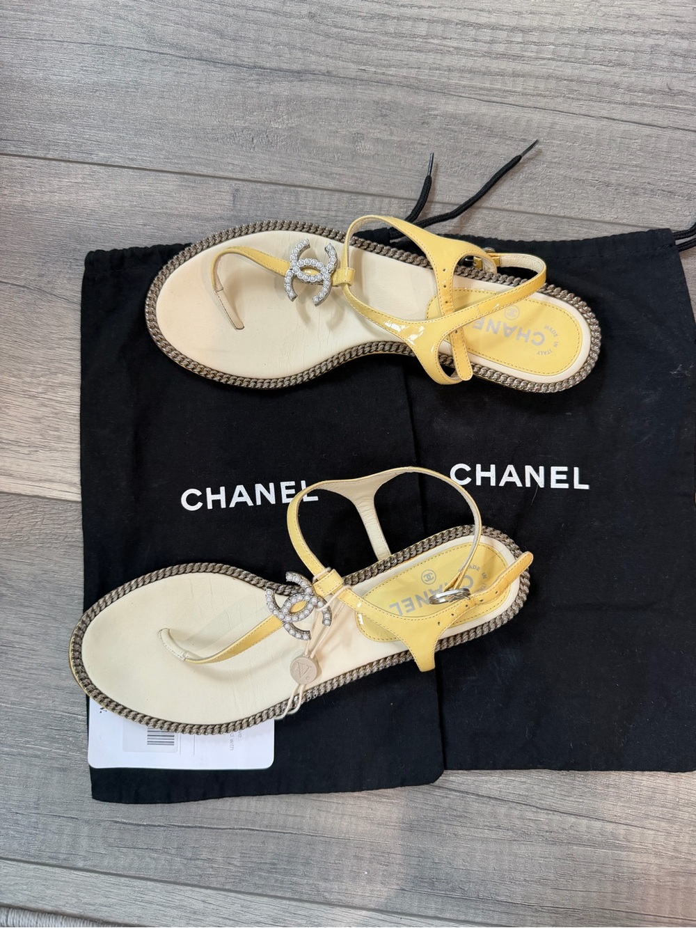 CHANEL Yellow Crystal CC T-Strap Sandals - Picture 3 of 4